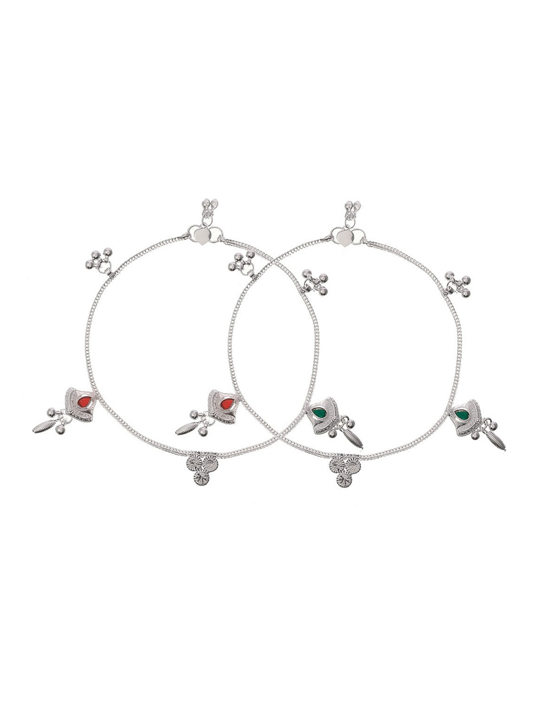 

Silvermerc Designs Set of 2 Silver-Plated Red & Green Stone Studded & Beaded Anklet