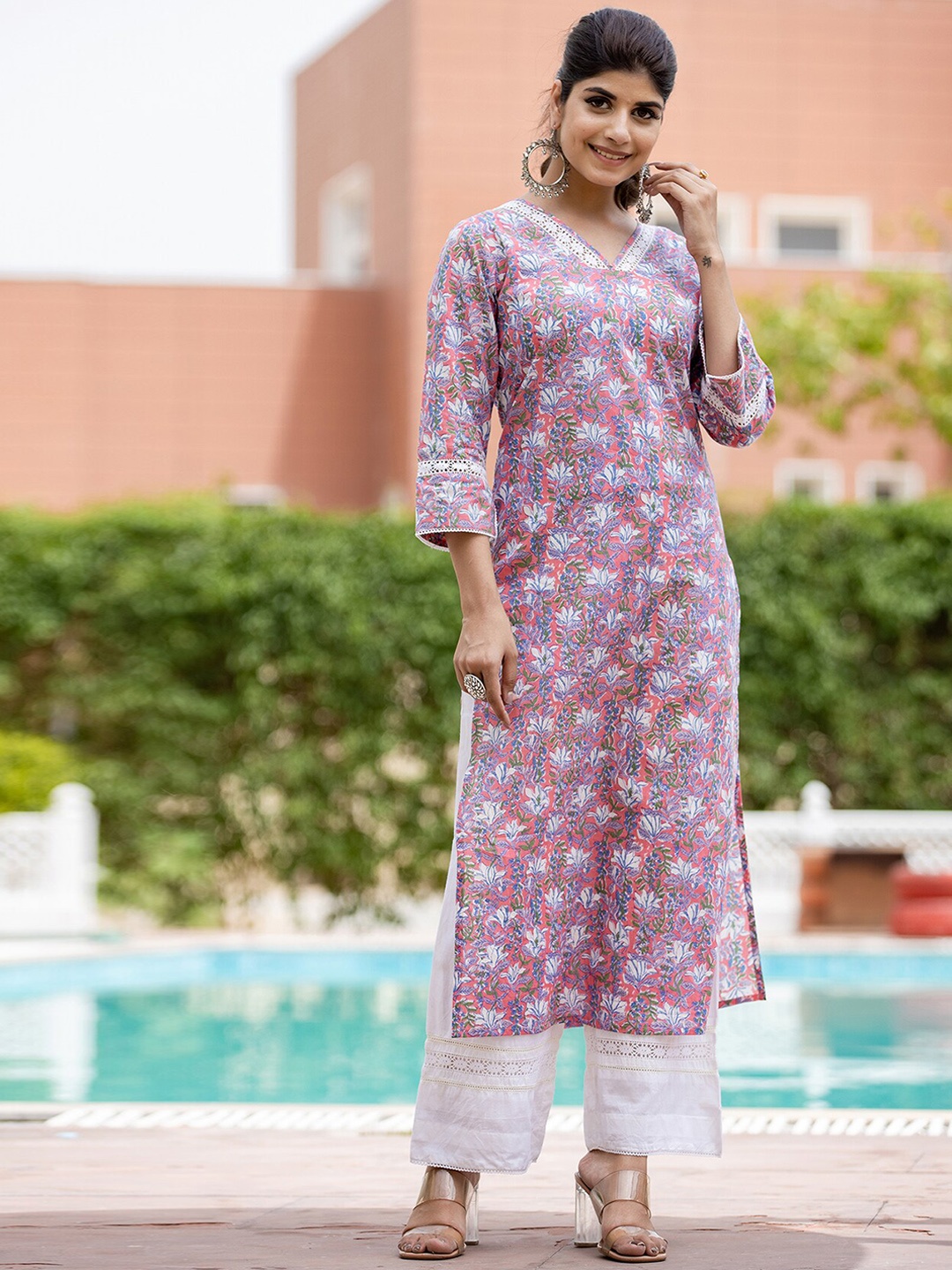 

KAAJH Women Pink & storm front Floral Dyed Flared Sleeves Summer Sheers Pathani Kurta