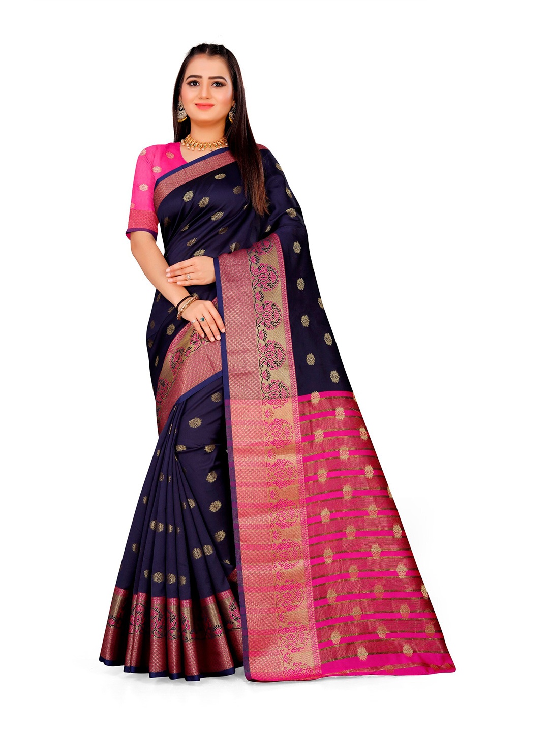 

Indian Fashionista Navy Blue & Pink Woven Design Zari Art Silk Half and Half Banarasi Saree