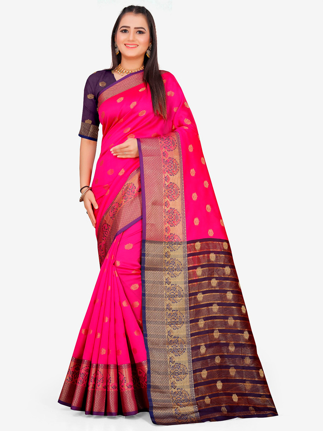 

Indian Fashionista Pink & Violet Woven Design Zari Art Silk Half and Half Banarasi Saree