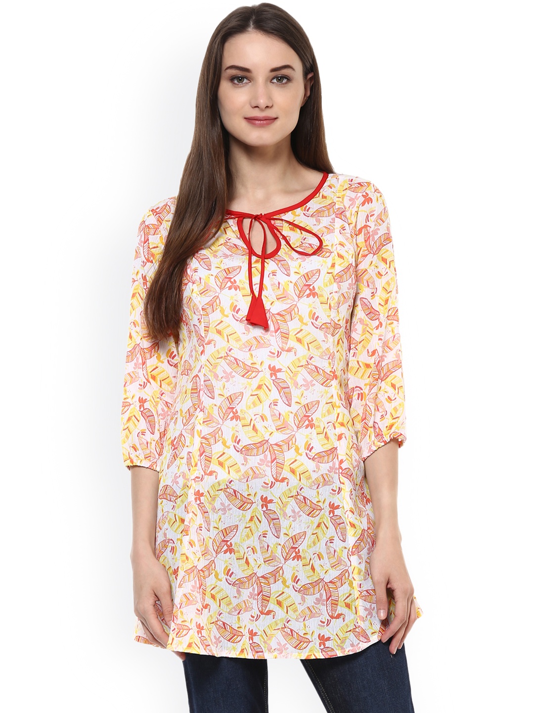 

Ayaany Orange Leaf Print Tunic