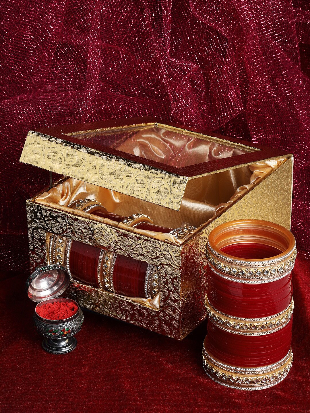 

PANASH Set Of 74 Gold-Plated Maroon AD Stone Studded Bangle Set