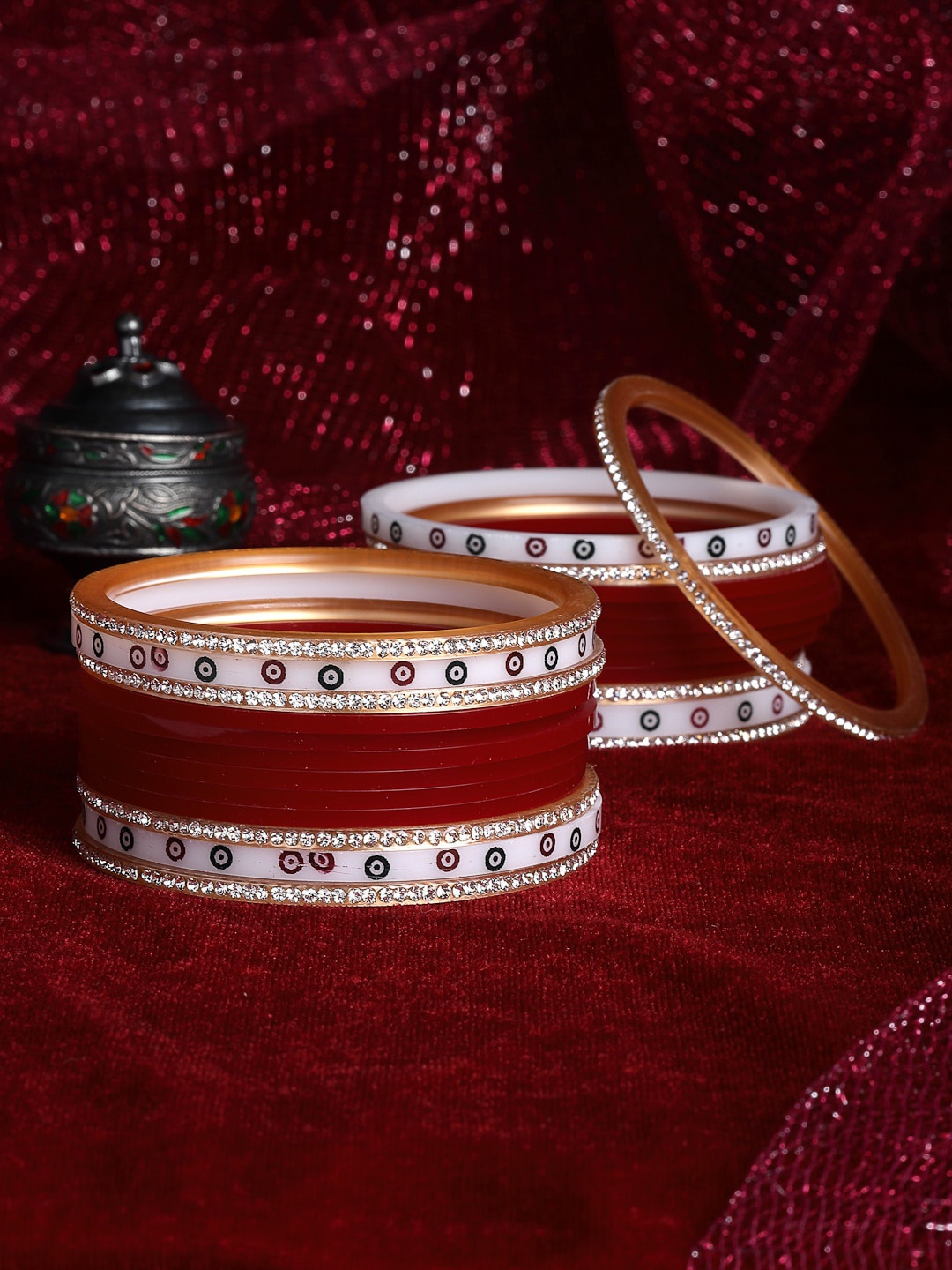 

PANASH Set Of 24 Gold-Plated Red AD Stone Studded Chuda Set