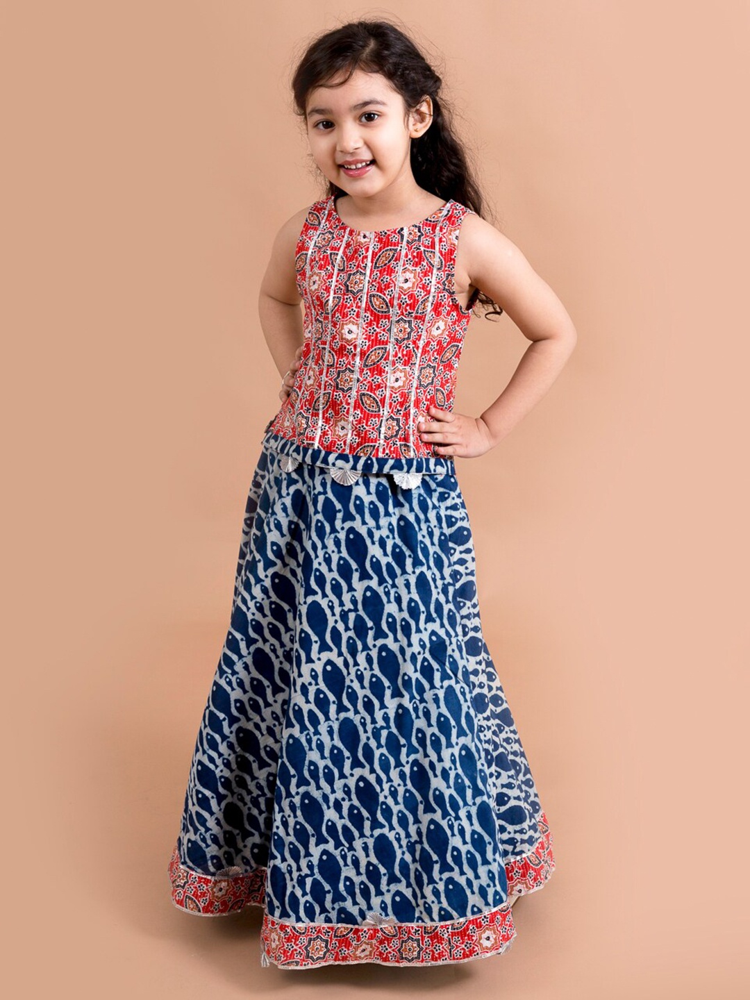 

pspeaches Girls Blue & Red Printed Ready to Wear Lehenga &