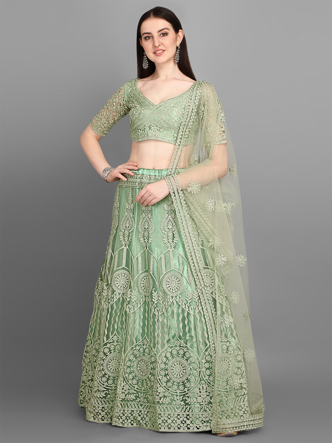 

Bollyclues Lime Green Embroidered Semi-Stitched Lehenga & Unstitched Blouse With Dupatta