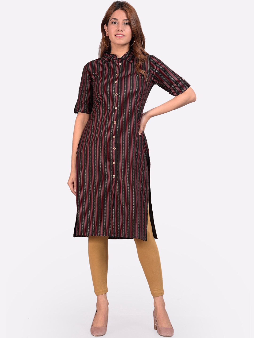 

KALINI Women Black Striped Thread Work Floral Kurta