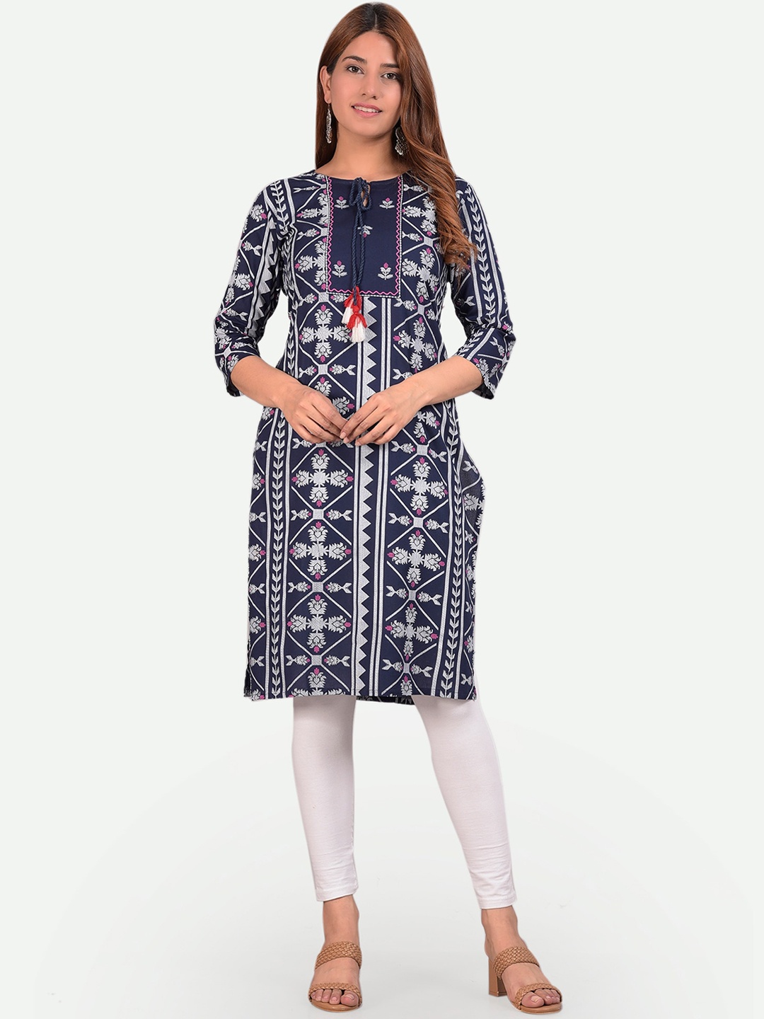 

KALINI Women Blue & peacoat Printed Keyhole Neck Flared Sleeves Mirror Work Block Print Kurta