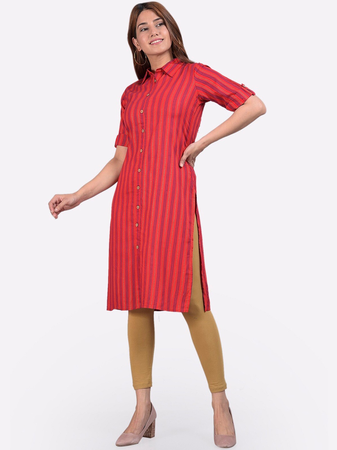 

KALINI Women Red Striped Flared Sleeves Floral Kurta