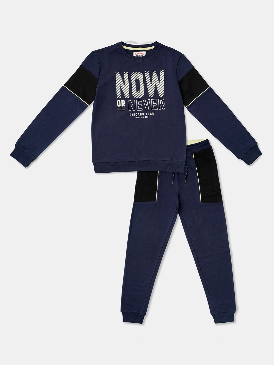 

R&B Boys Navy Blue & Cream-Coloured Printed T-shirt with Trousers