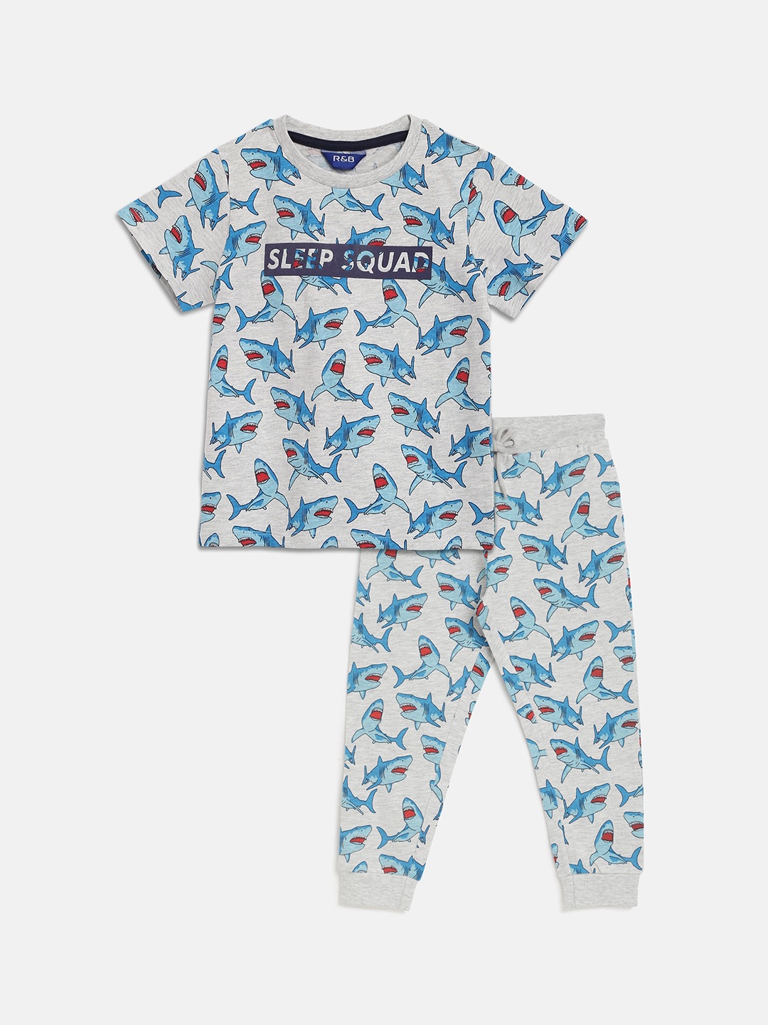 

R&B Boys Grey Melange & Blue Printed T-shirt with Trousers