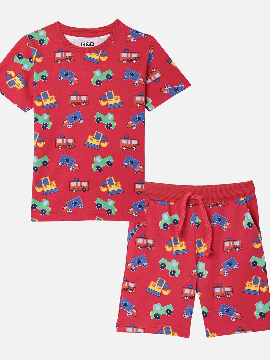 

R&B Boys Peach-Coloured & Blue Printed T-shirt with Shorts