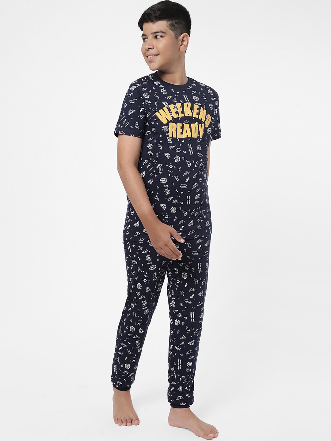 

R&B Boys Navy Blue & White Printed T-shirt with Trousers