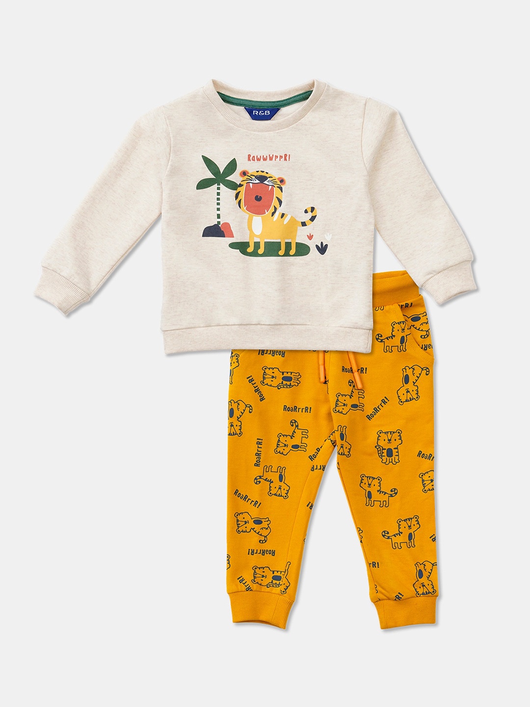 

R&B Boys Cream-Coloured & Orange Printed T-shirt with Trousers