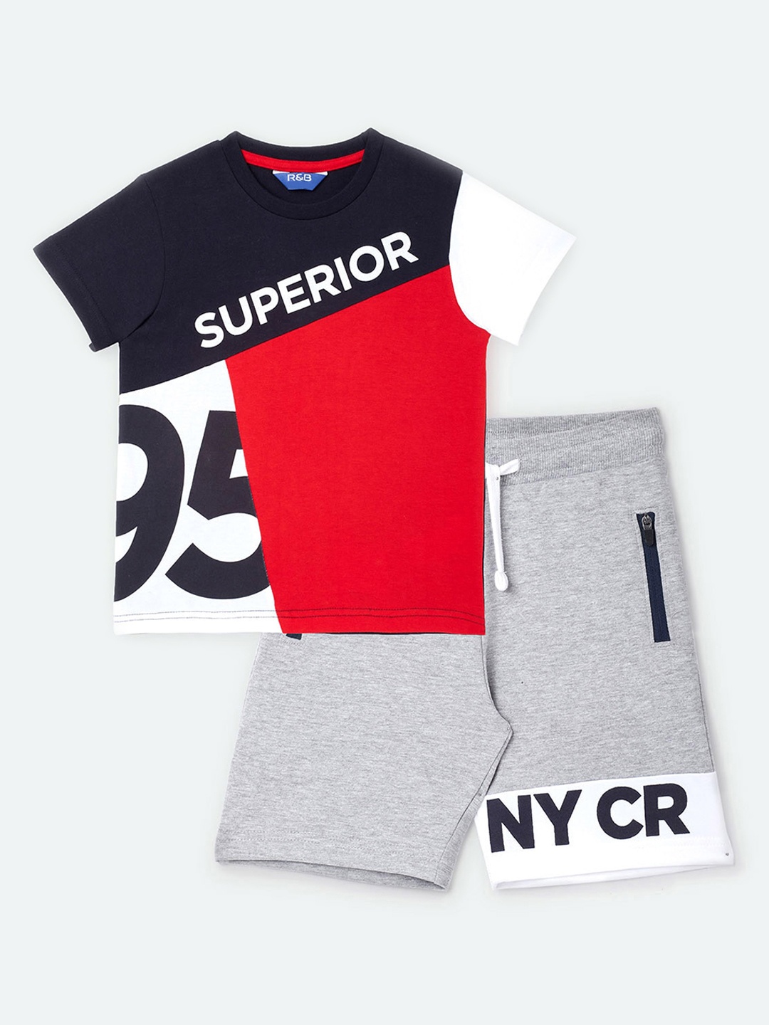 

R&B Boys Black & Grey Melange Colourblocked T-shirt with Shorts