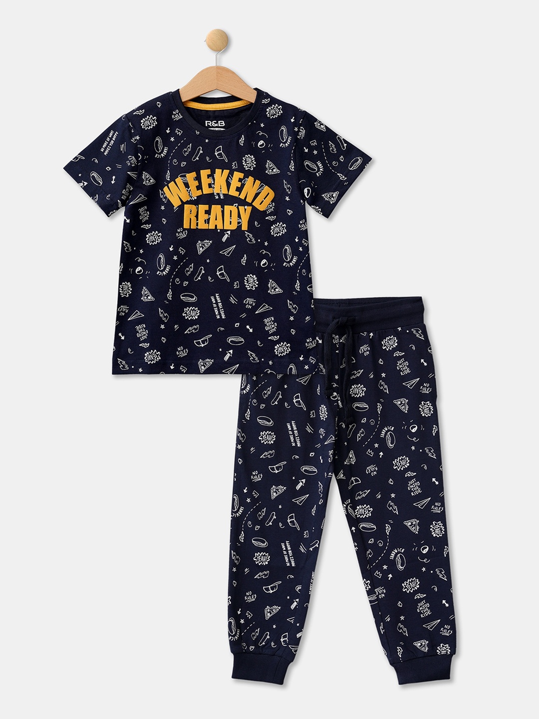 

R&B Boys Navy Blue & White Printed T-shirt with Trousers