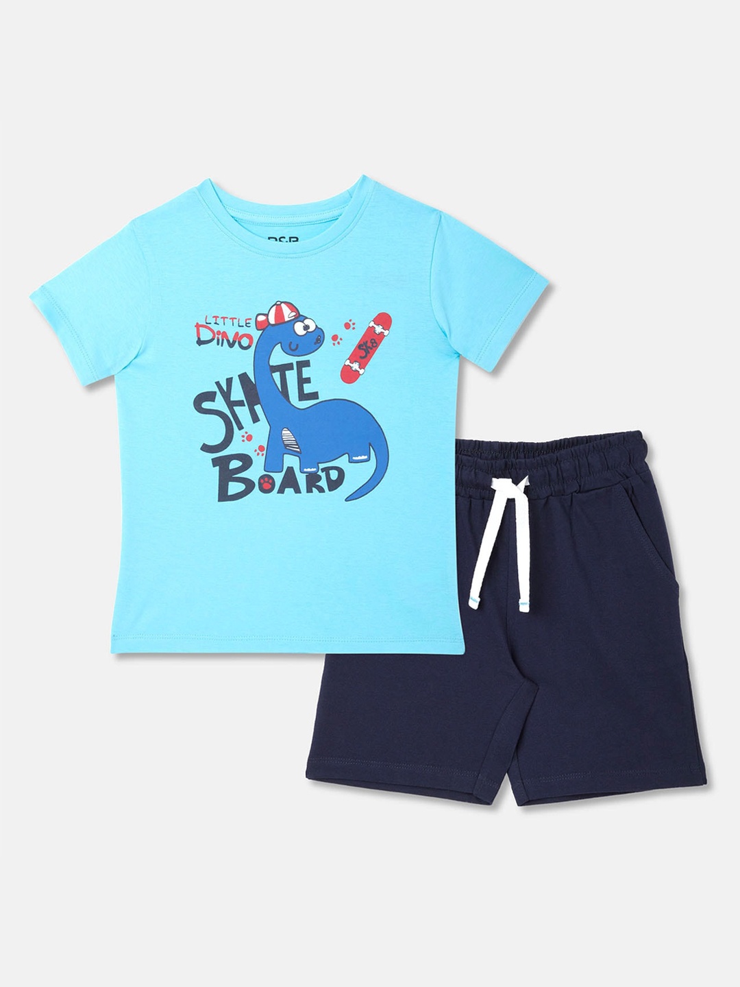 

R&B Boys Blue & Navy Blue Printed T-shirt with Shorts