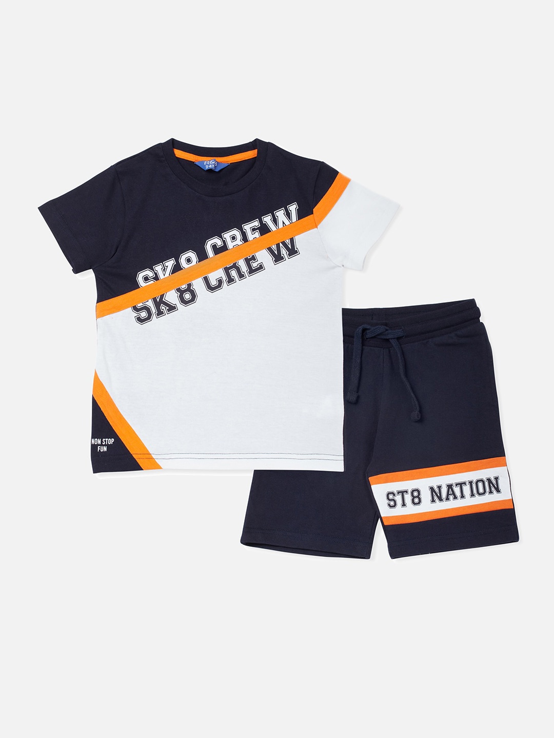 

R&B Boys Navy Blue & Orange Colourblocked T-shirt with Shorts