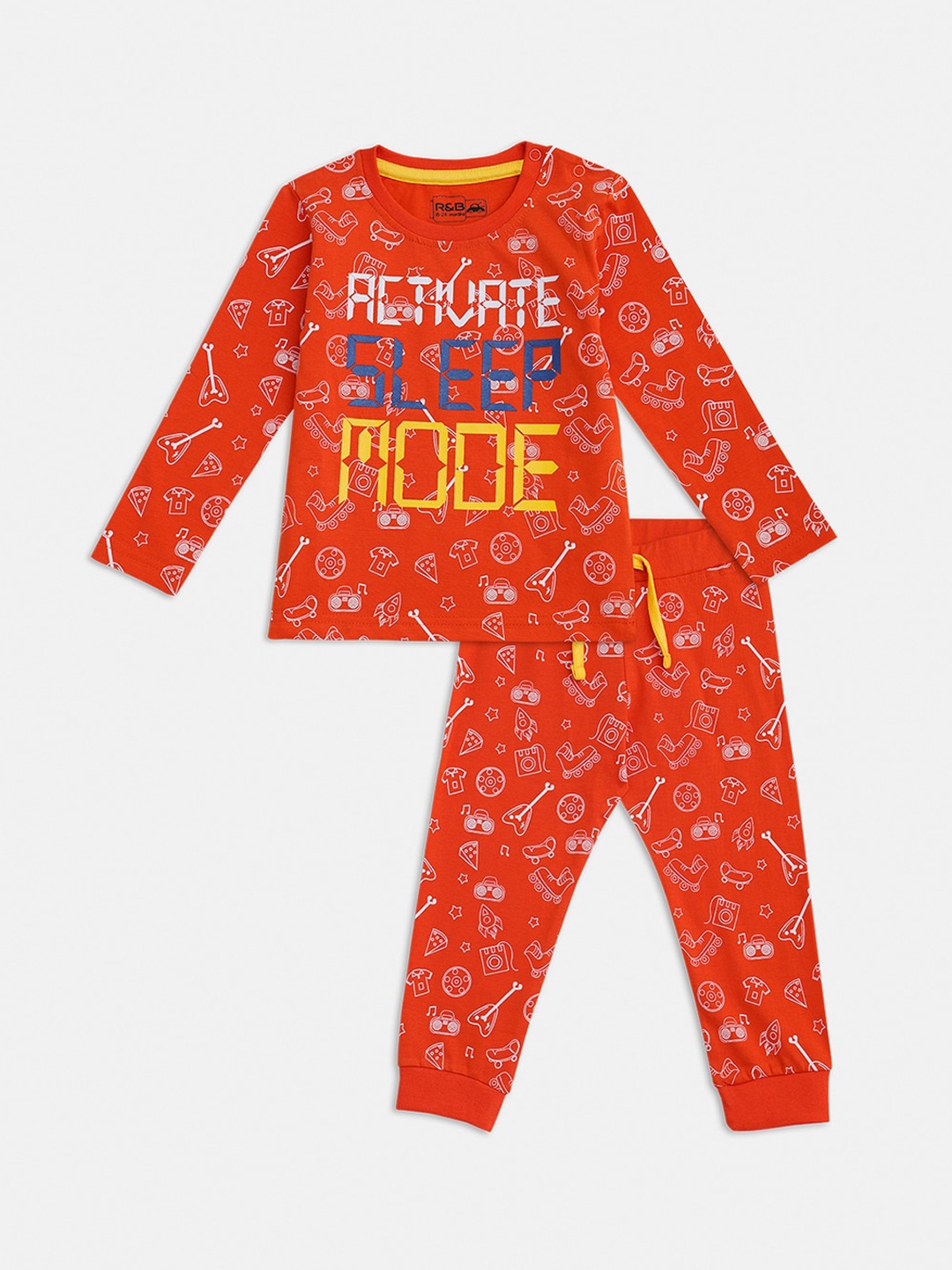 

R&B Boys Peach-Coloured & Yellow Printed T-shirt with Trousers