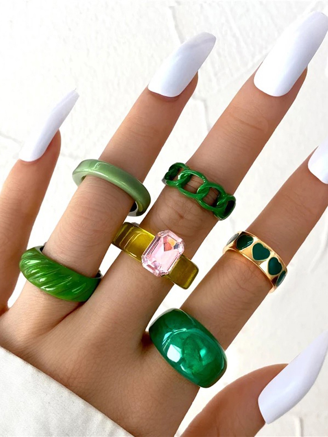 

Shining Diva Fashion Set Of 6 Gold-Plated Green Crystal-Studded Finger Ring