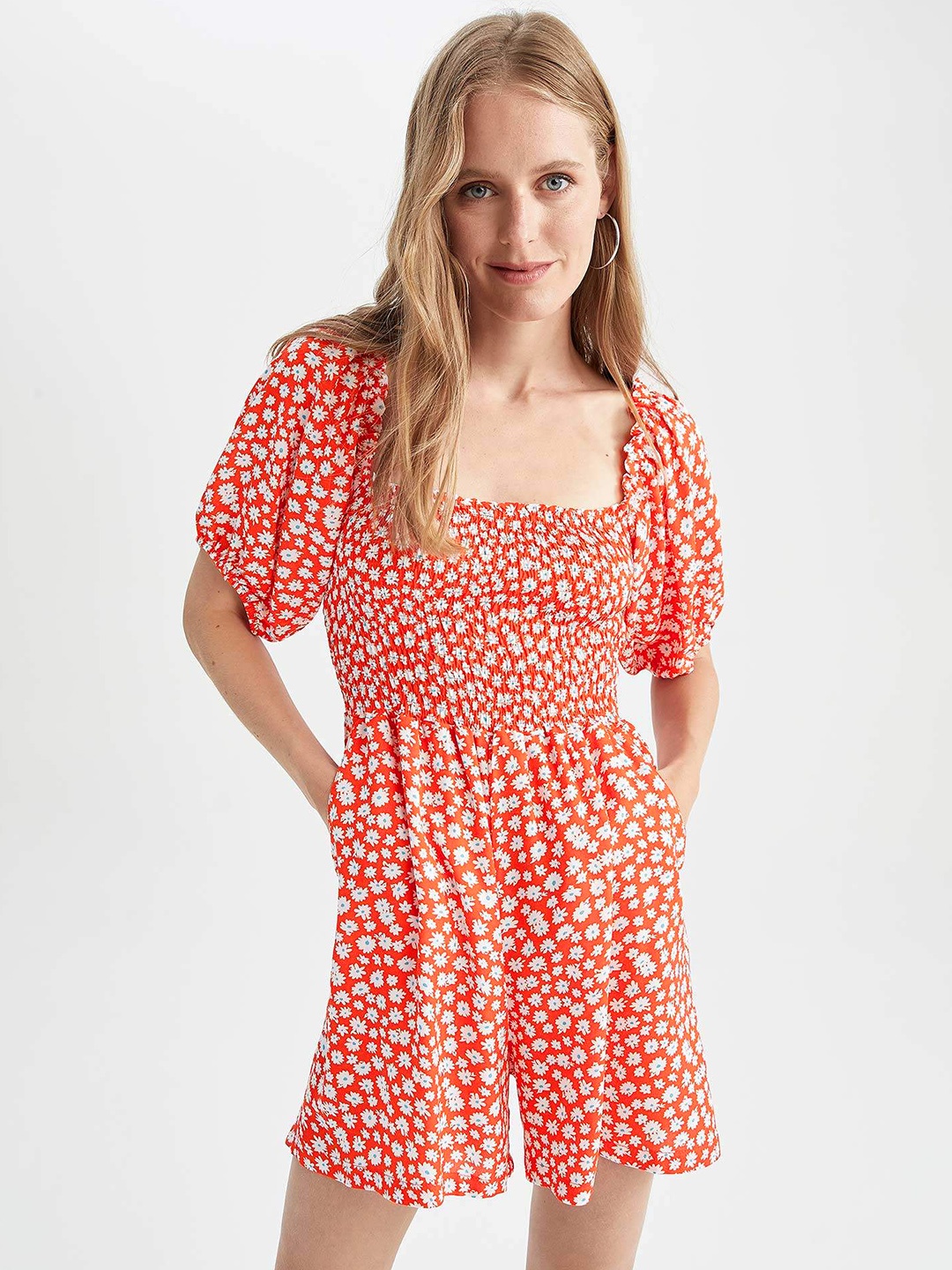 

DeFacto Orange & White Floral Printed Smocked Playsuit