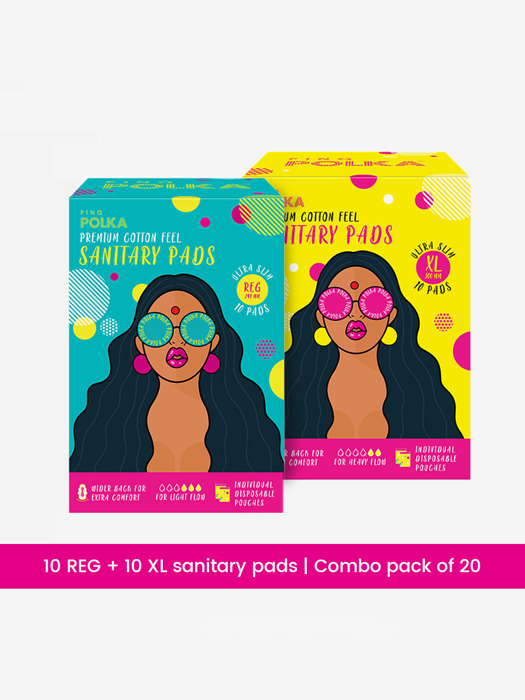 

PINQ Set of 2 Polka Premium Organic Cotton Feel Sanitary Pads - XL & Regular- 10 Pads Each, Yellow