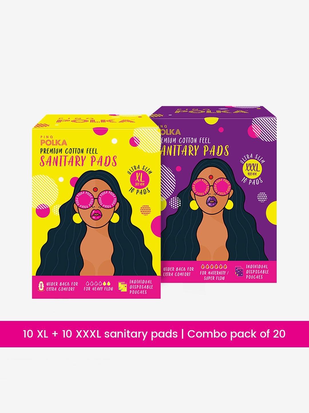 

PINQ Polka Premium Organic Cotton Feel Sanitary Pads Combo of 2 - XXXL & XL- 10 Pads Each, White