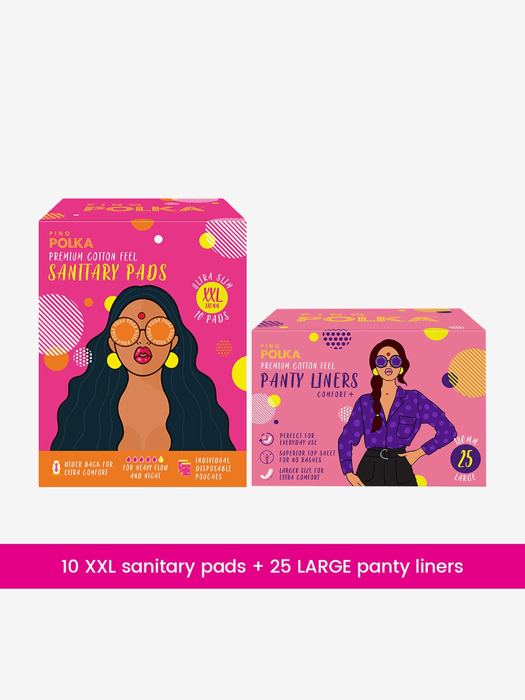 

PINQ POLKA Premium Sanitary Pads(XXL) & 25 Large Pantyliners - Rash Free Discharge -35pcs, Pink