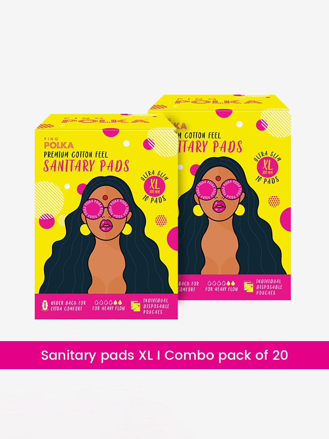 

PINQ Polka Premium Organic Cotton Feel Ultra Thin XL Sanitary Pads Pack of 2 - 20 Pcs, Yellow