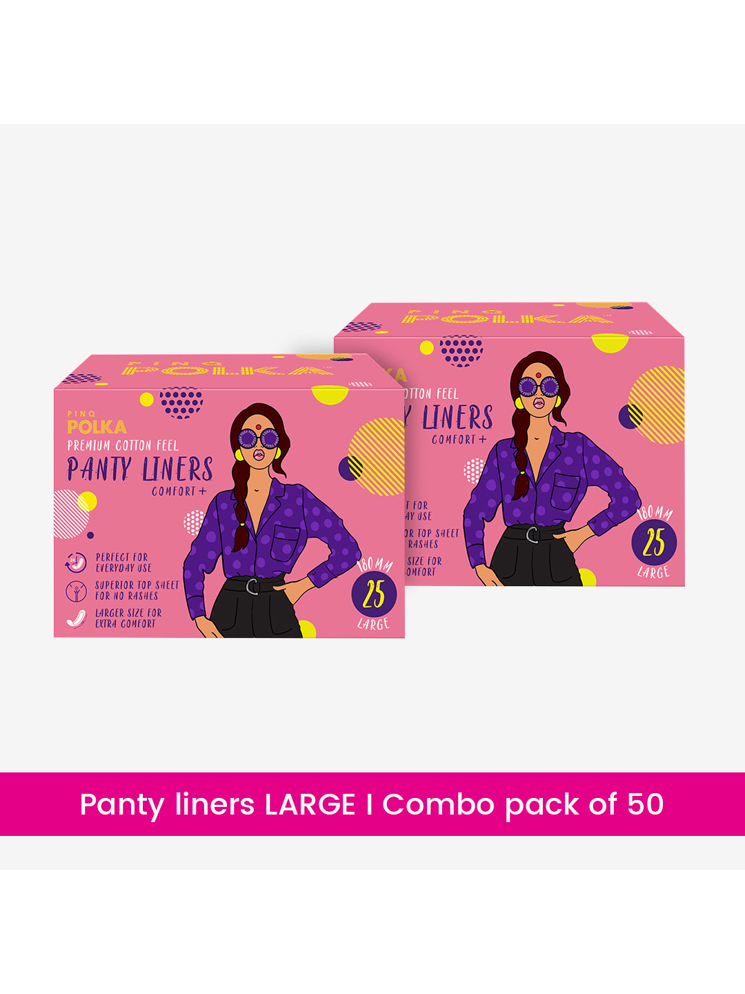 

PINQ Pack of 2 Large Premium Ultra Organic Cotton Soft Pantyliners - 25 Pantyliners Each, White