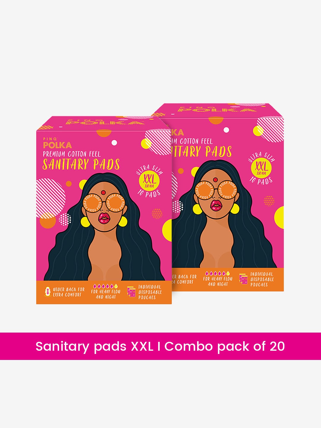 

PINQ Polka Premium Organic Cotton Feel Ultra Thin XXL Sanitary Pads Set of 2 -20 Pcs, Pink