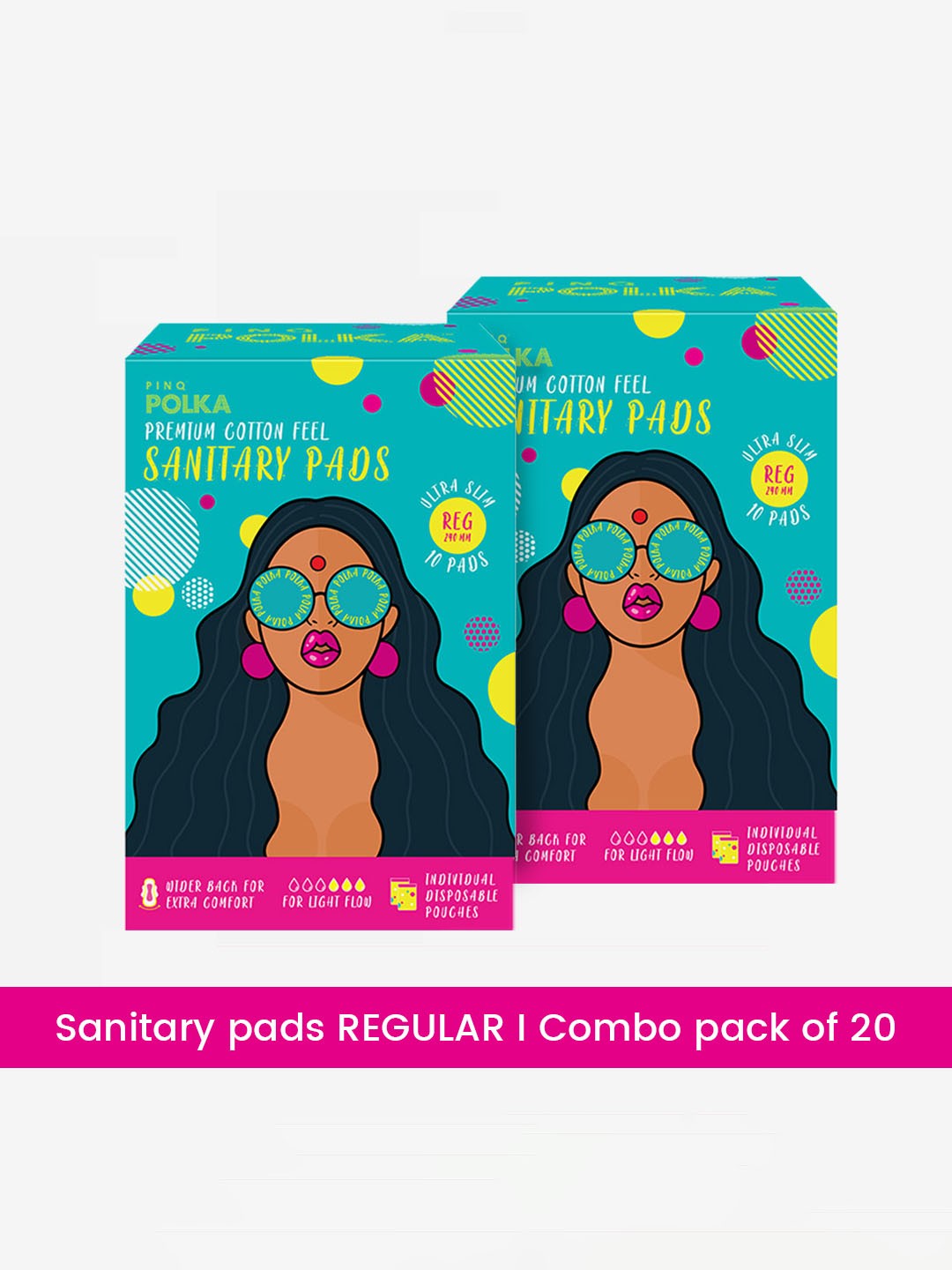 

PINQ Polka Premium Organic Cotton Feel-Rash Free - Regular Sanitary Pads Set of 2 - 20pcs, Blue