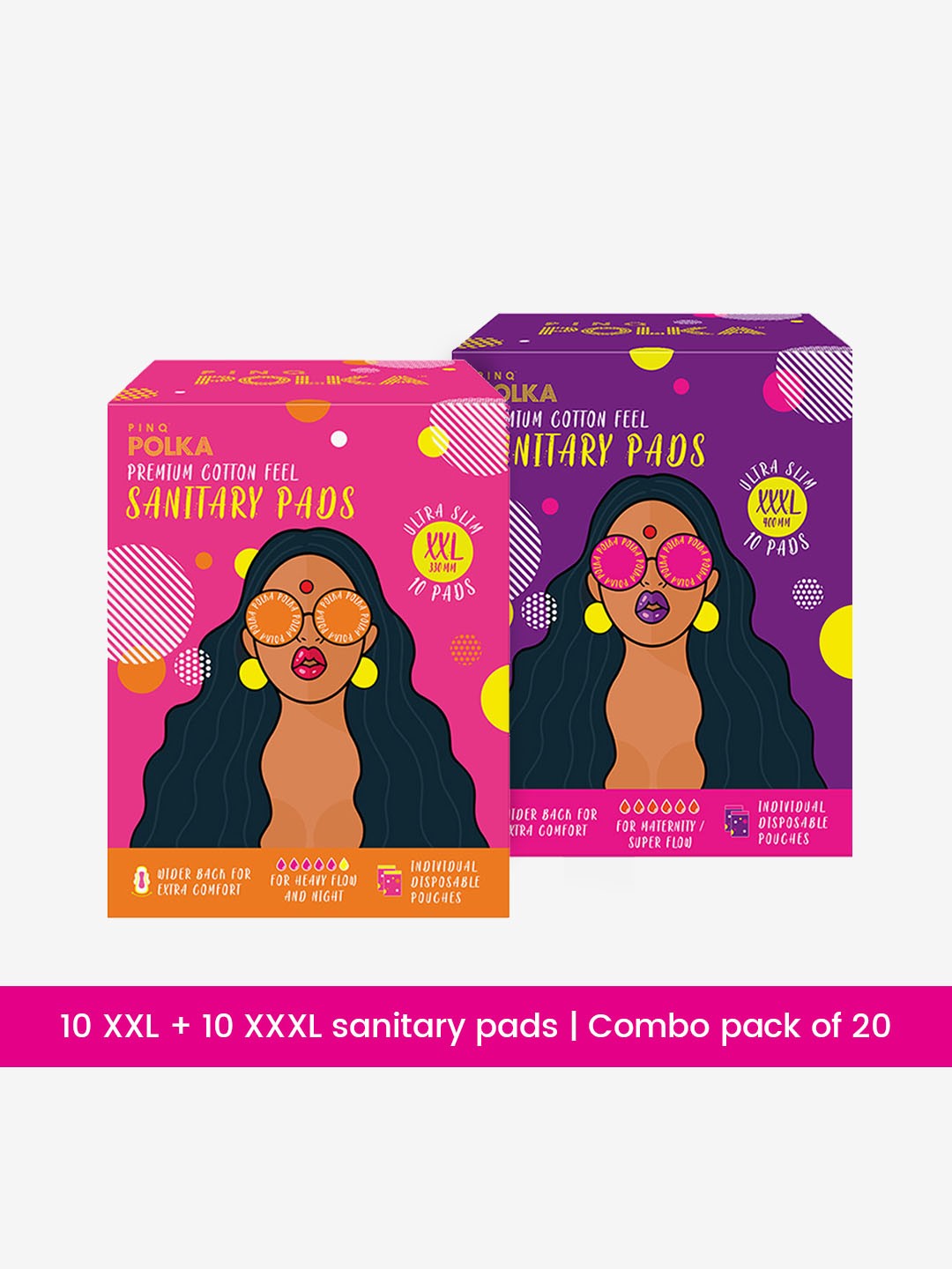 

PINQ Polka Premium Organic Cotton Feel Sanitary Pads Combo of 2 - XXXL & XXL- 10 Pads Each, White