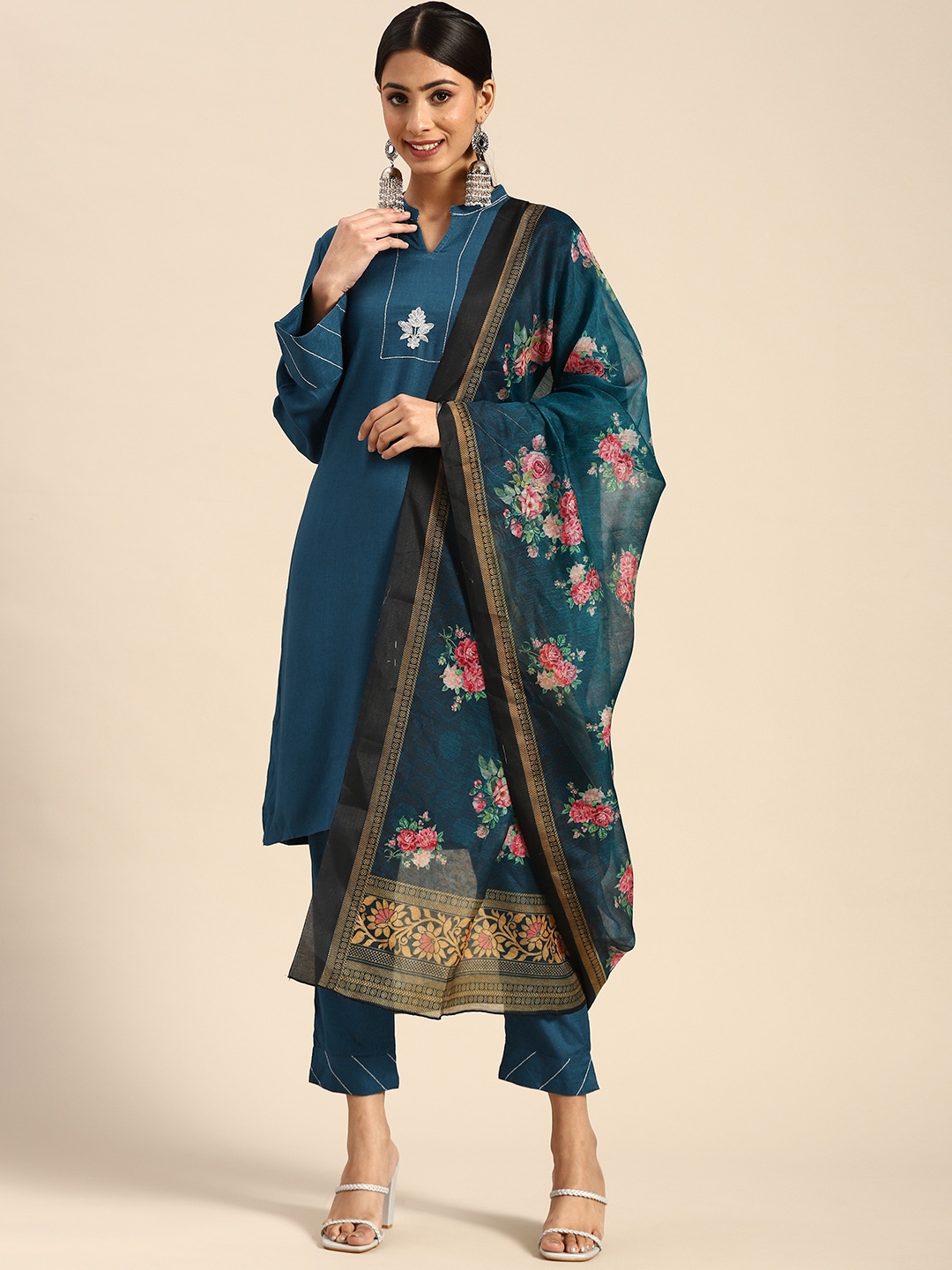 

Sangria Women Teal Blue Ethnic Motifs Yoke Design Kurta with Trousers & Dupatta