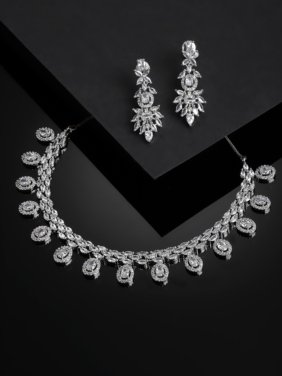 

PANASH Rhodium-Plated Silver Toned & White AD- Studded & Beaded Jewellery Set