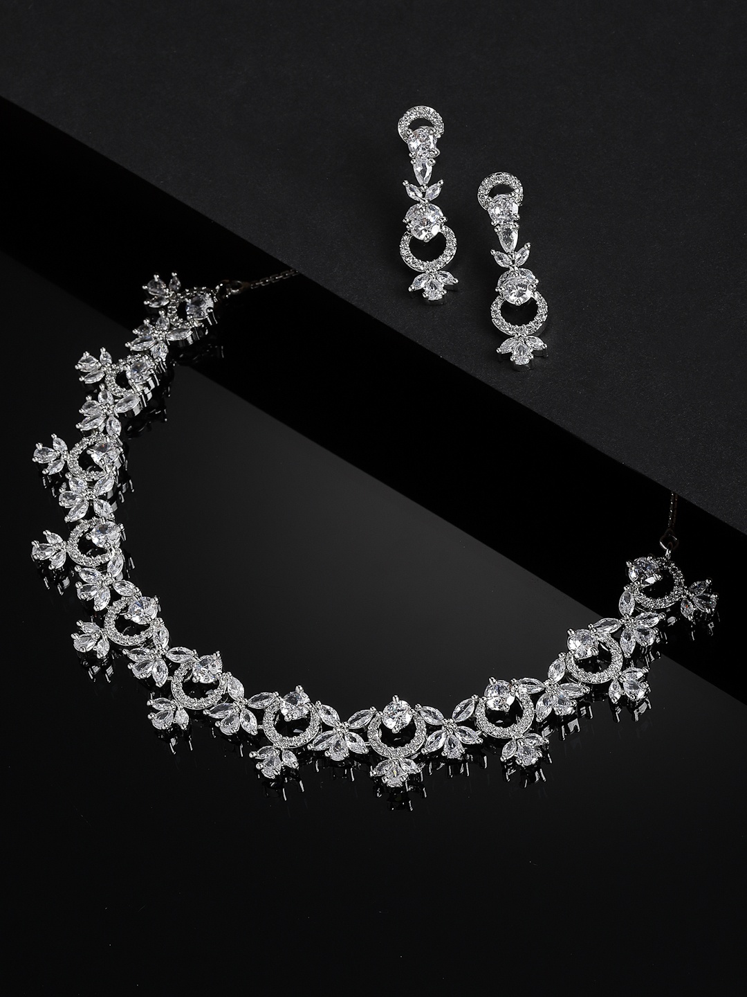 

PANASH Rhodium-Plated White AD Studded Handcrafted Jewellery Set, Silver