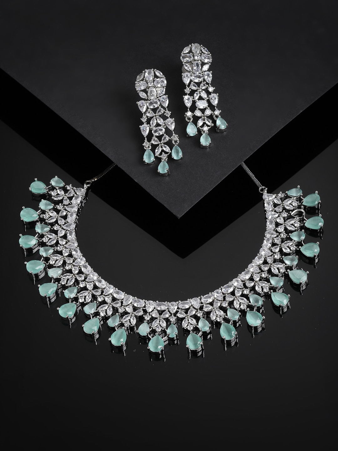 

PANASH Rhodium-Plated White and Sea Green AD-Studded Handcrafted Jewellery Set, Silver