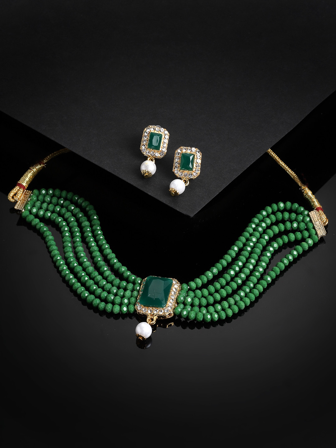 

PANASH Gold-Plated Green Stone-Studded & Beaded Jewellery Set