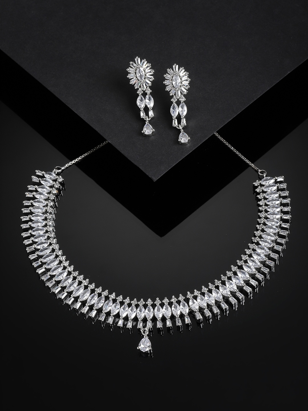 

PANASH Rhodium-Plated White American Diamonds-Studded Jewellery Set, Silver