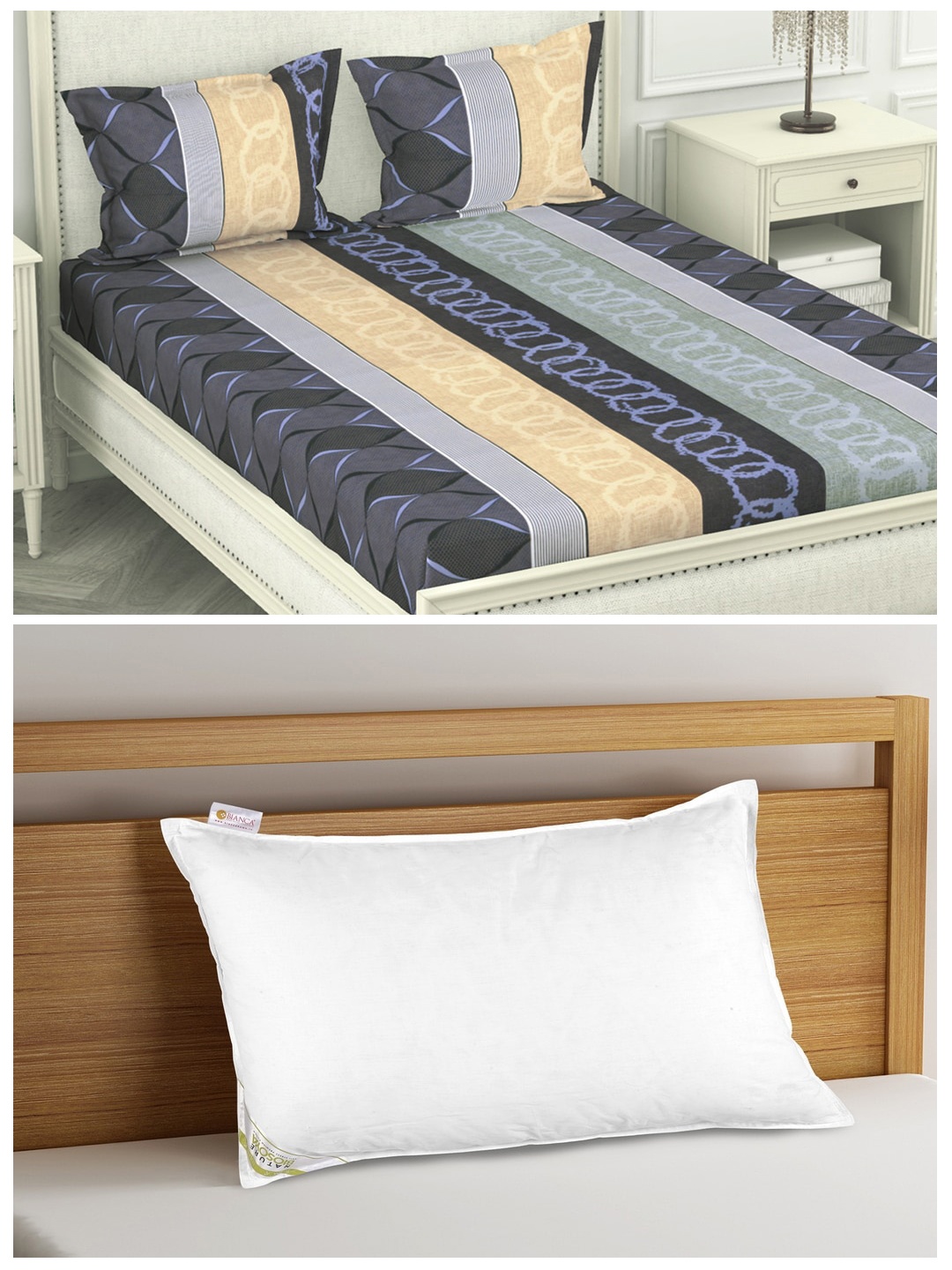 

BIANCA Set of 210 TC King Bedsheet With 2 Pillow Covers & Anti Stress Orthopedic Pillow, White