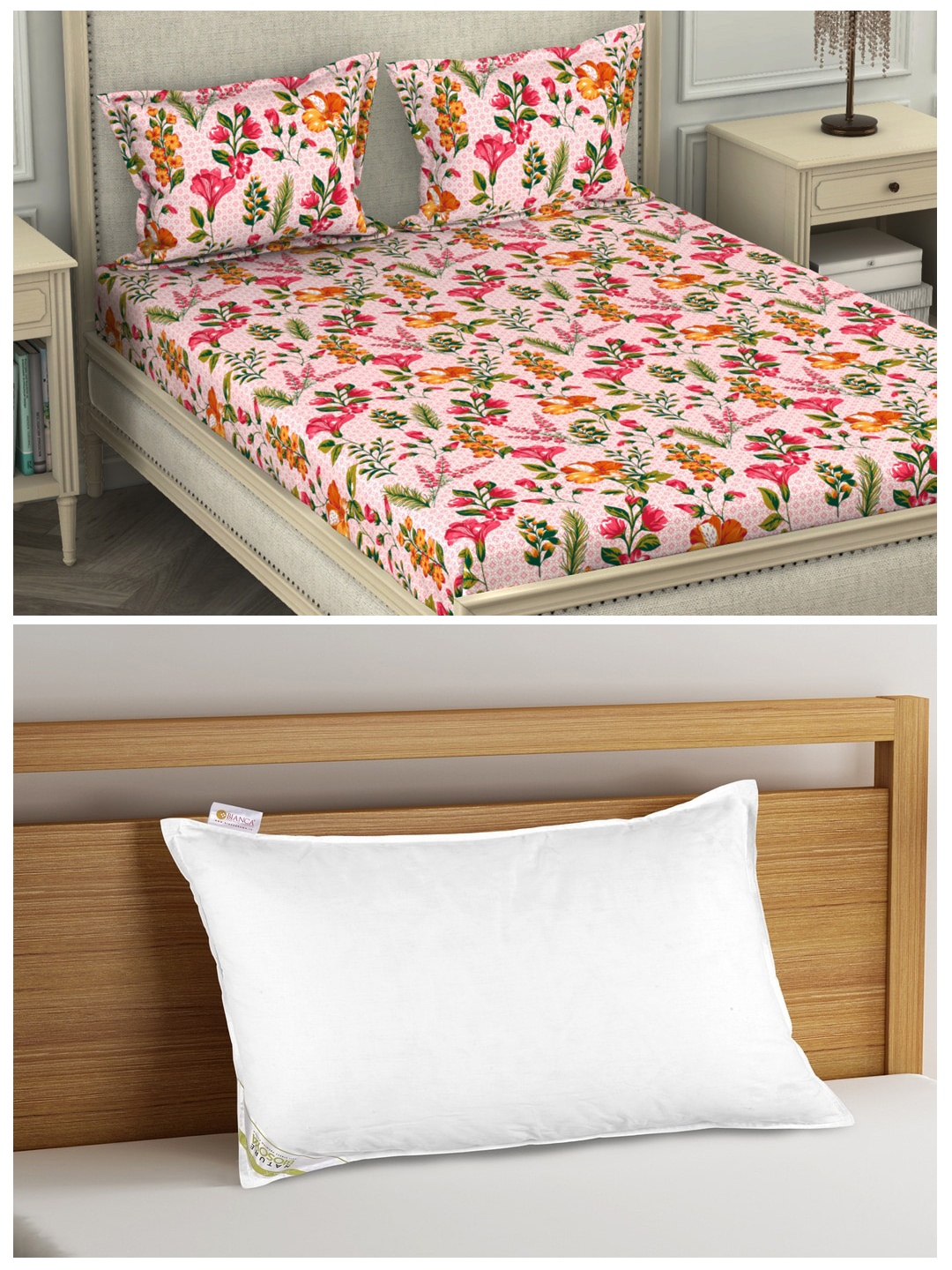 

BIANCA Orthopedic Pillow and 110 TC Floral King-Size Double Bedsheet with 2 Pillow Covers, White