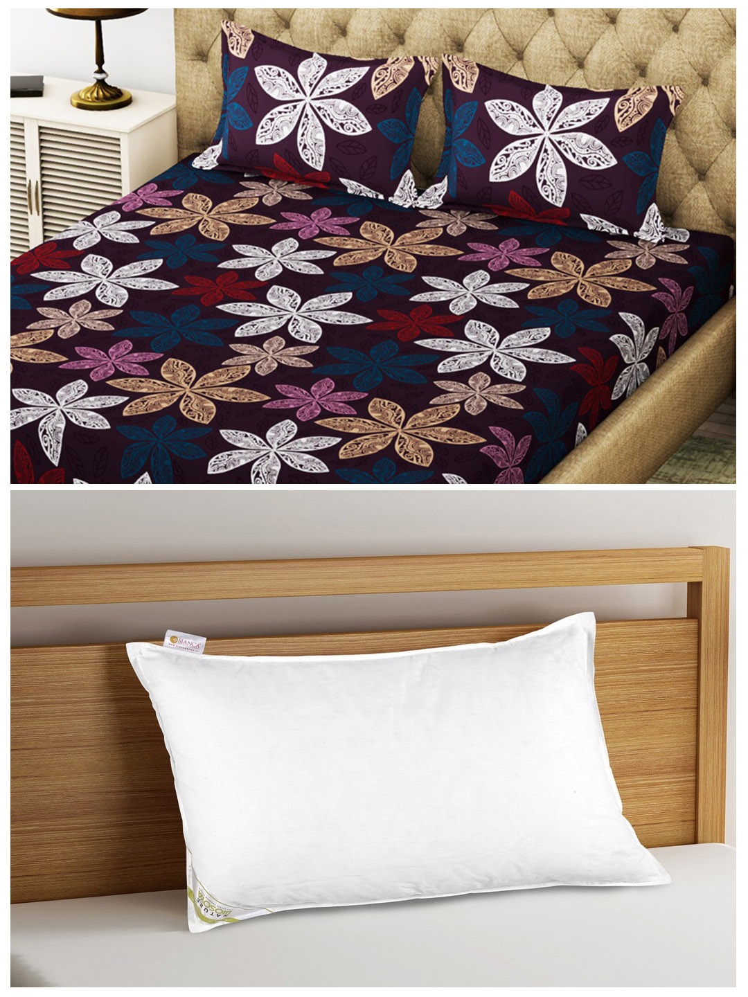 

BIANCA Orthopedic Pillow and 200 TC Floral King-Size Double Bedsheet with 2 Pillow Covers, Burgundy