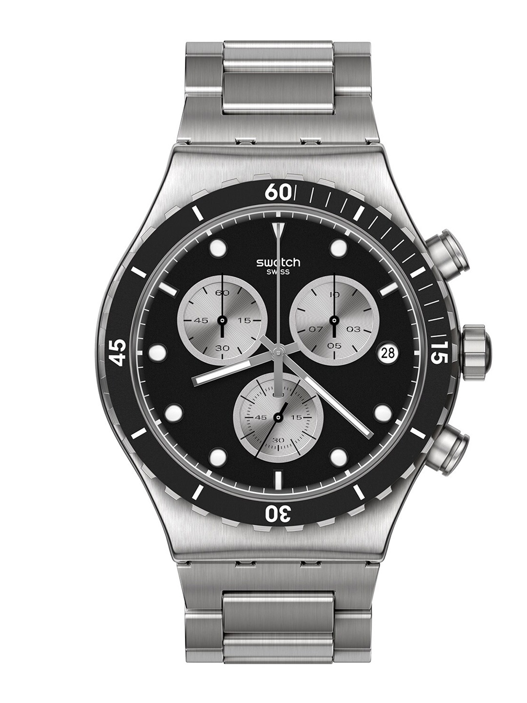 

Swatch Unisex Embellished Dial & Stainless Steel Bracelet Style Straps Analogue Watch YVS487G, Black