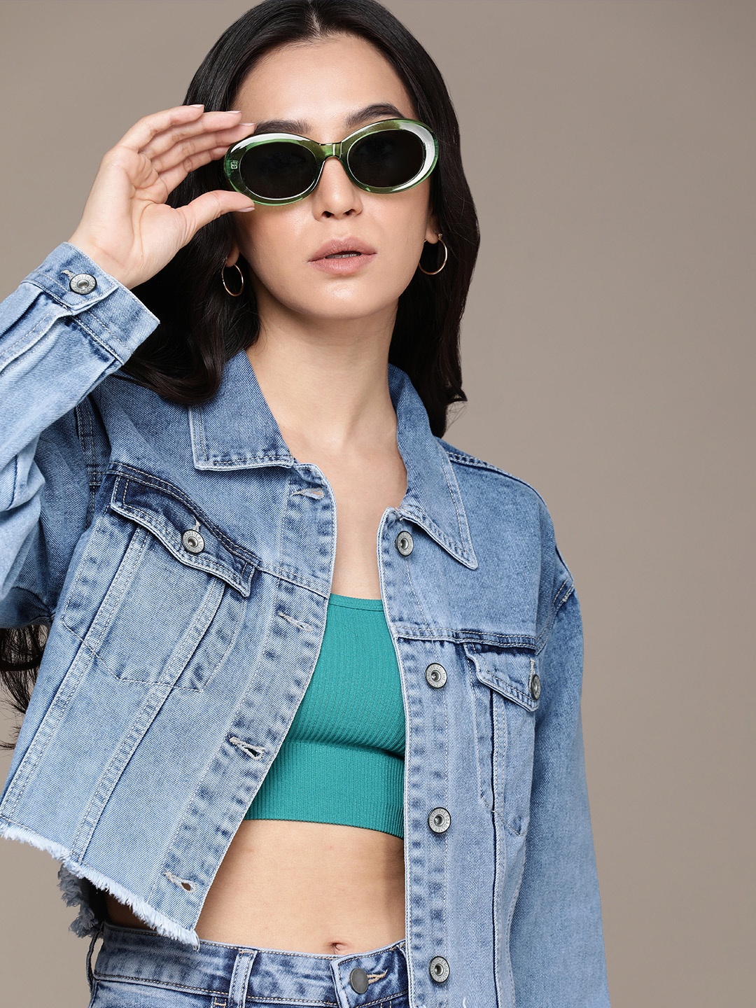 

The Roadster Life Co. Long Sleeves Pure Cotton Denim Truckers Crop Jacket, Blue