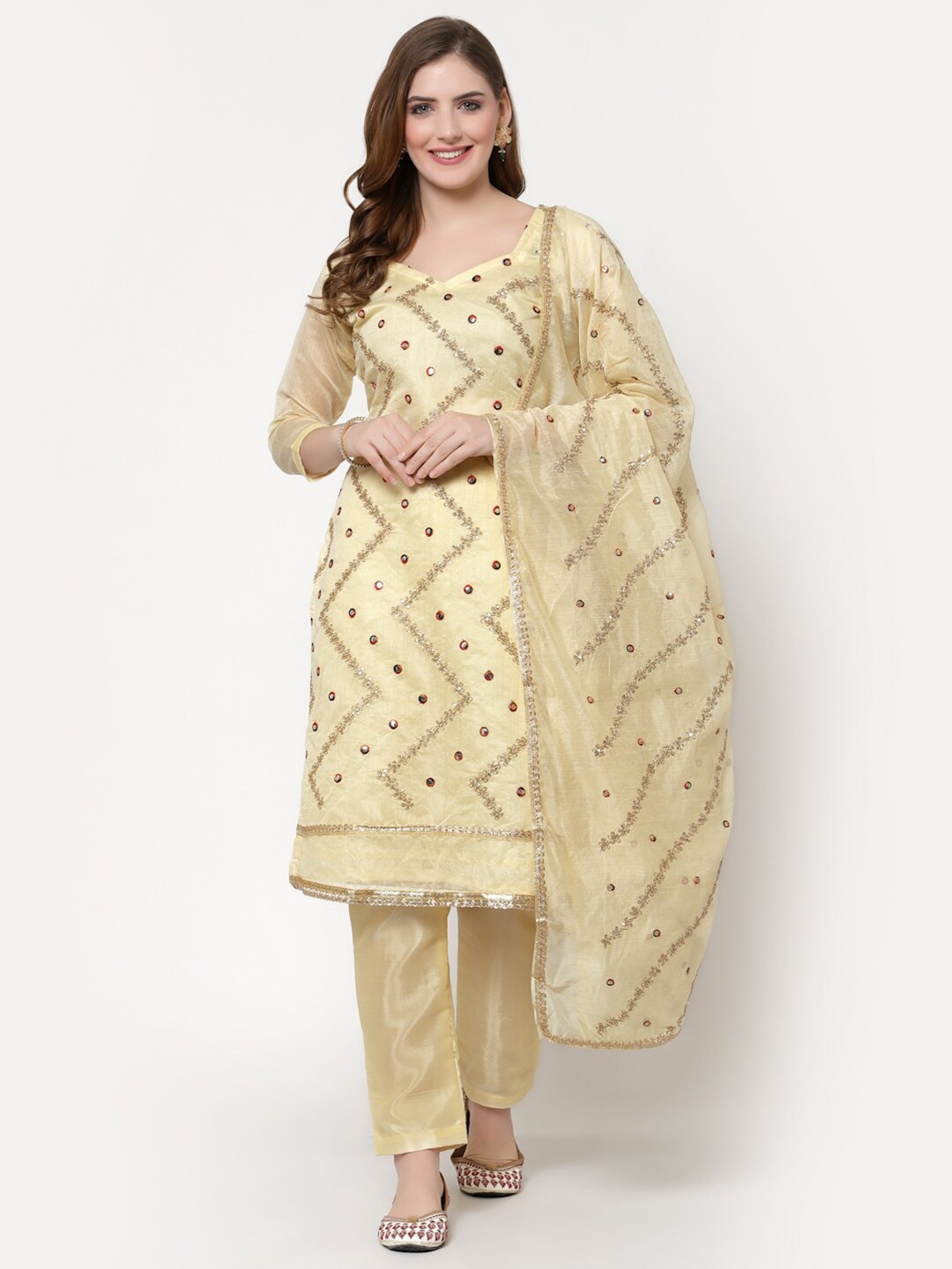 

mf Cream-Coloured Embellished Unstitched Dress Material