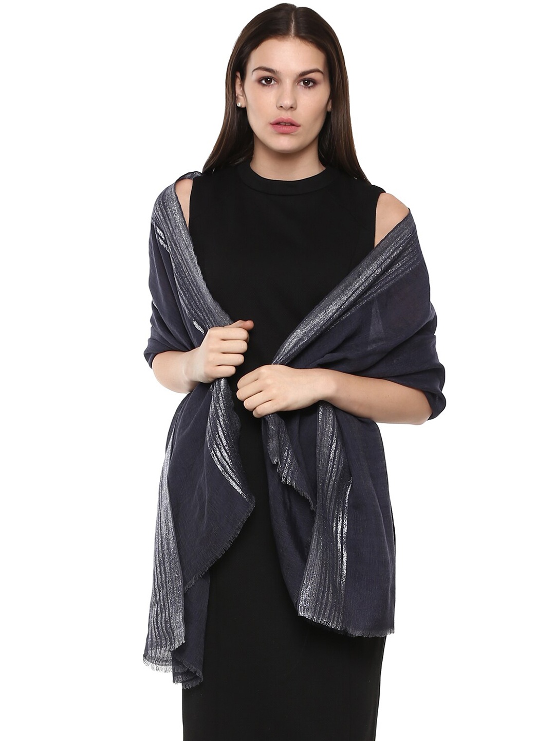 

Rhe-Ana Women Charcoal & Silver-Toned Striped Stole