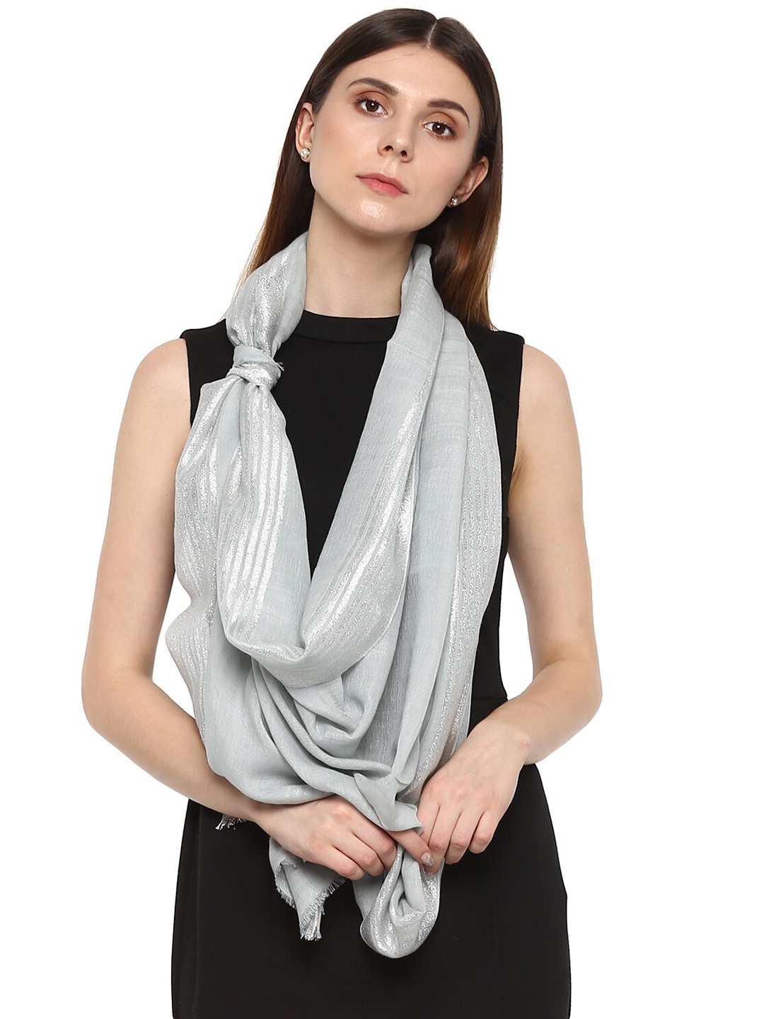 

Rhe-Ana Women Grey & Silver-Toned Striped Stole