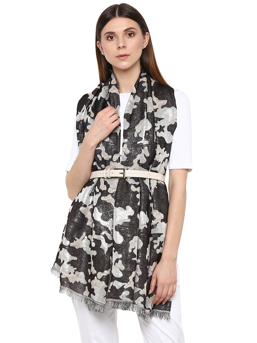 

Rhe-Ana Women Beige & Black Woven Design Stole