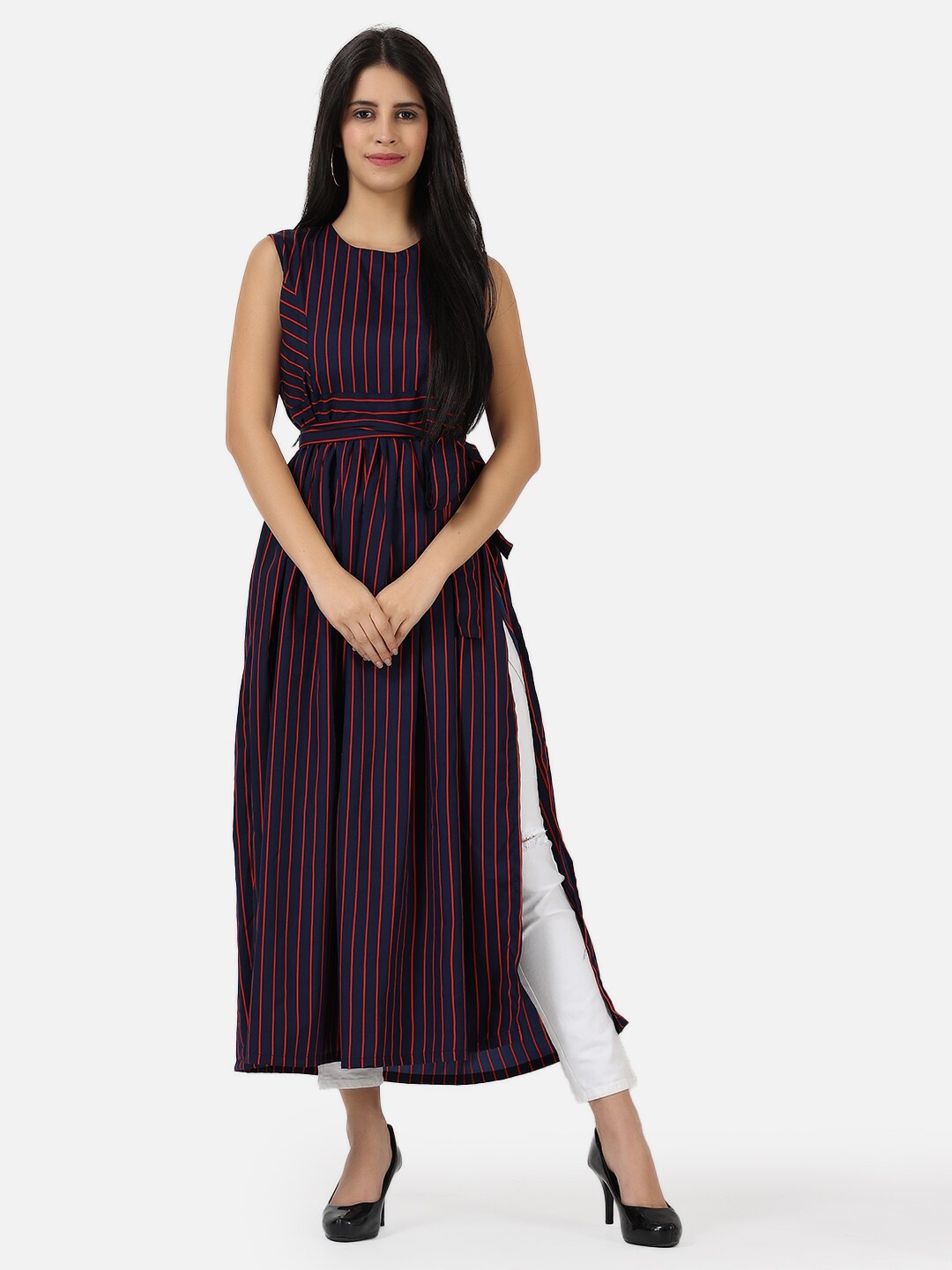 

Frempy Blue Striped Crepe Maxi Dress