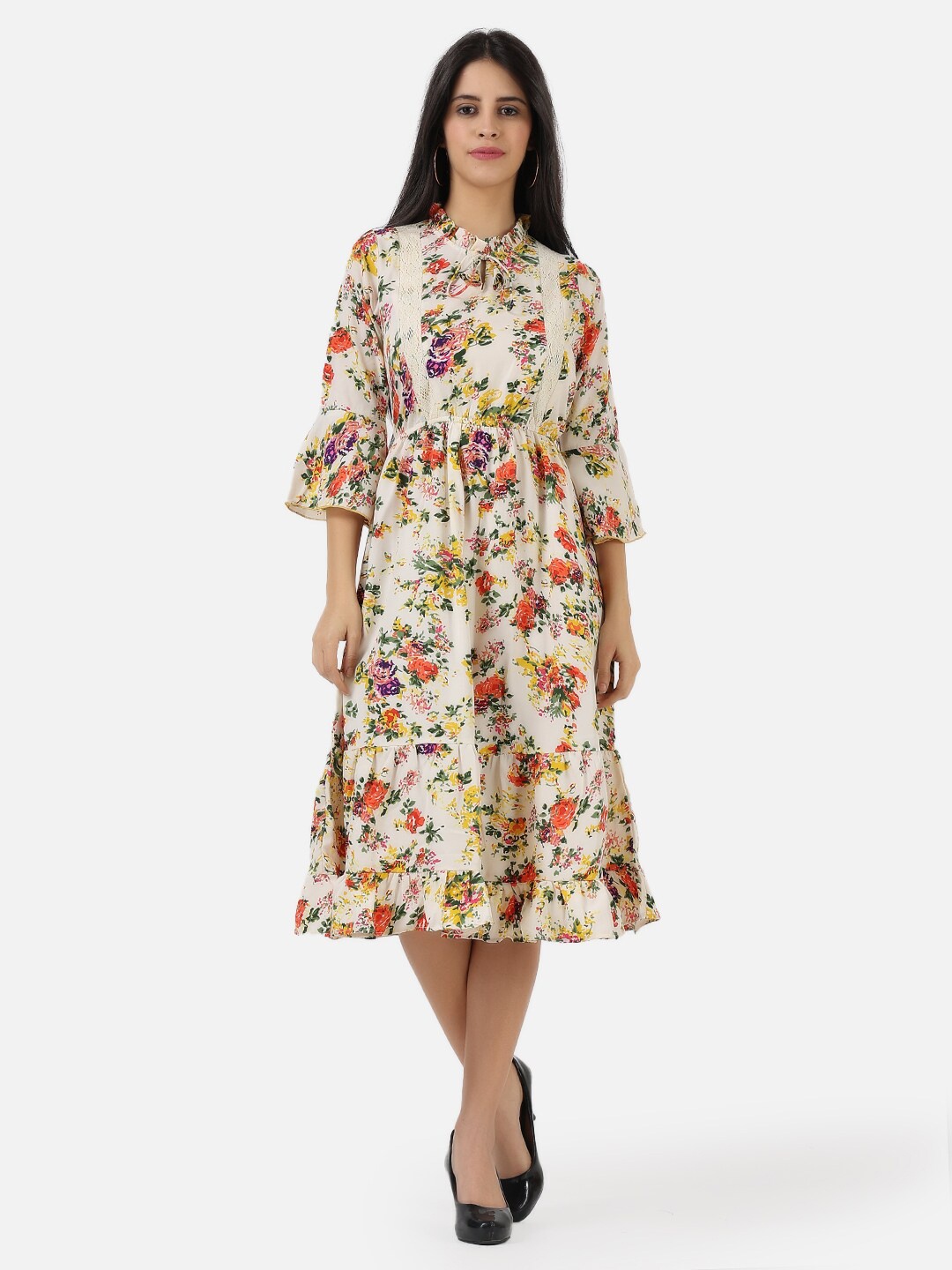 

Frempy White & crystal gray Floral Tie-Up Neck Crepe Midi Dress