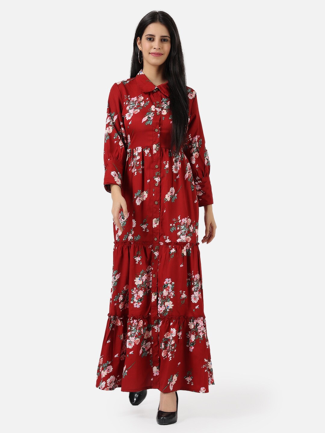 

Frempy Red & kenyan copper Floral Crepe Maxi Dress